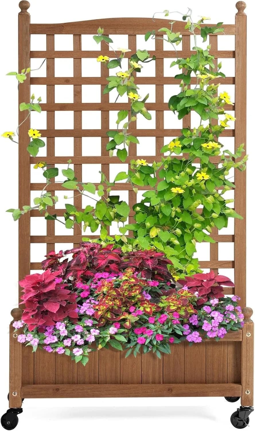 Wooden raised garden planter with climbing plant and wheels, for outdoors and gardens, easy to mount