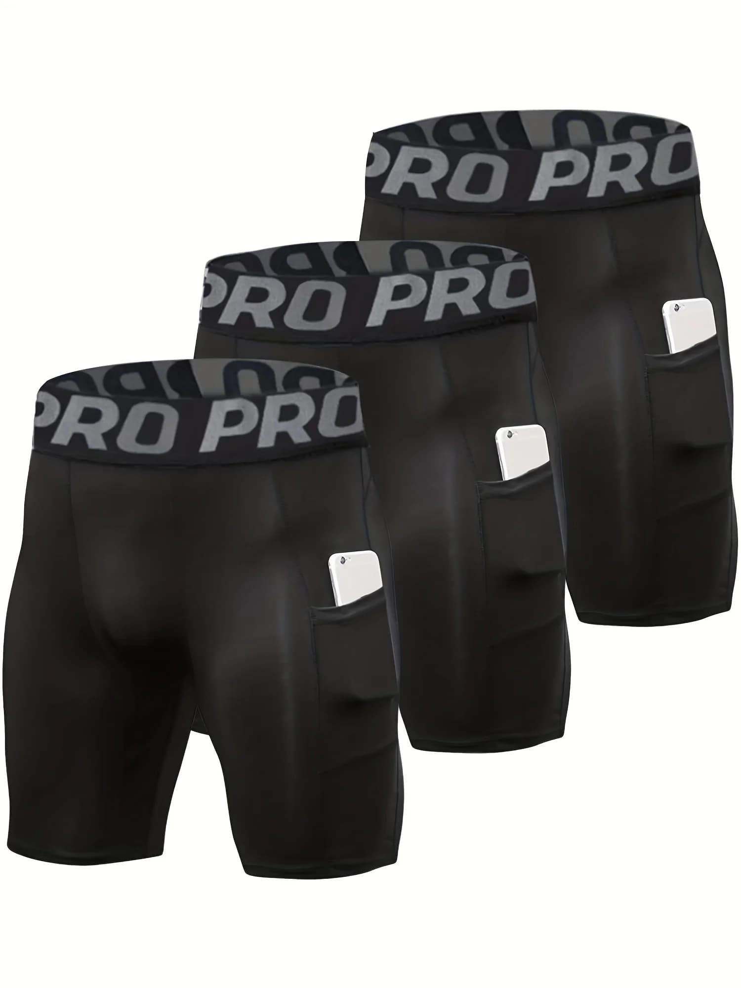 Confezione da 3 pantaloncini a compressione da uomo con tasca, pantaloncini da corsa in spandex, intimo sportivo per allenamento atletico
