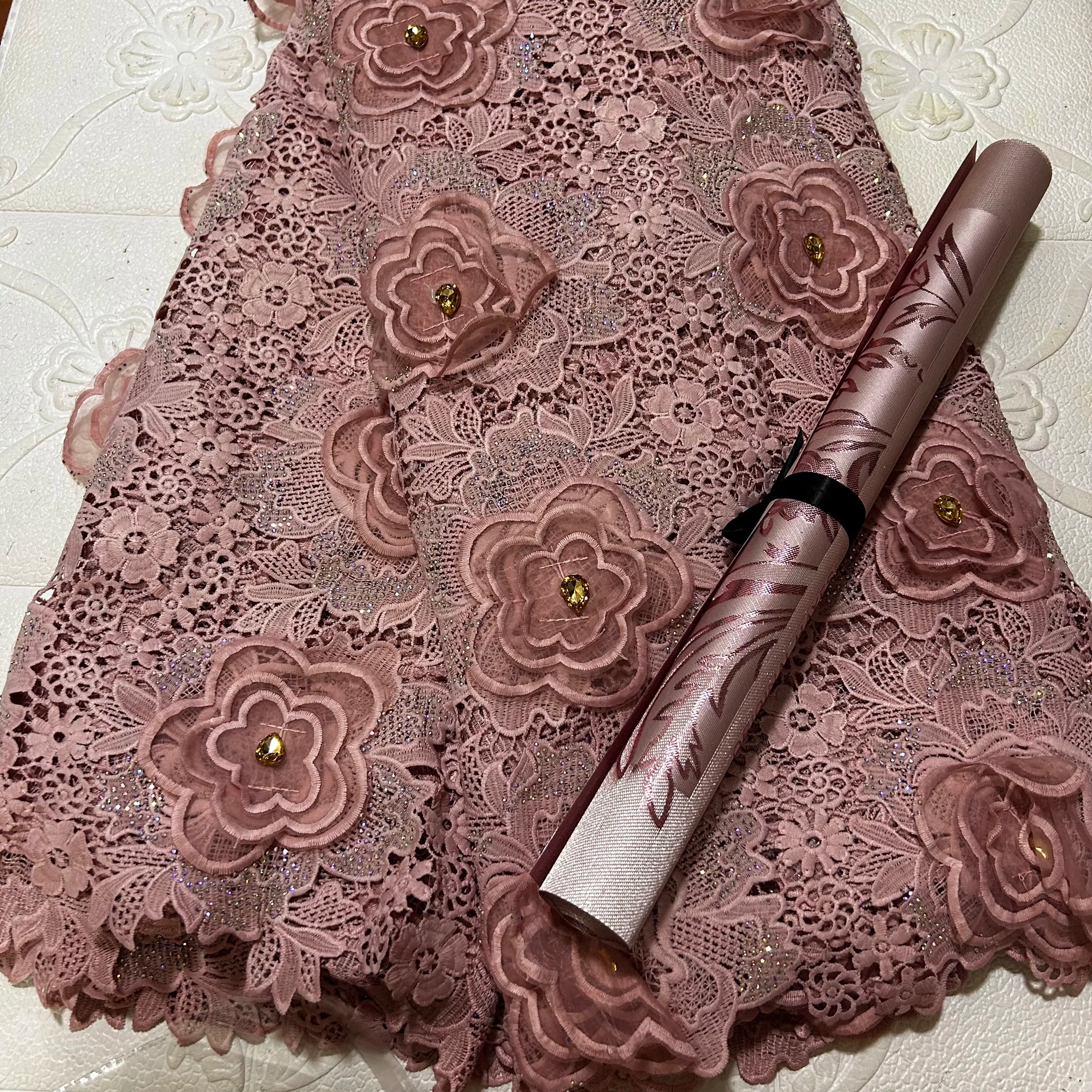 5Yards Luxury African 3D Flowers Embroidery Stones Tulle Lace Fabric for Nigerian Wedding Dress Party French Style