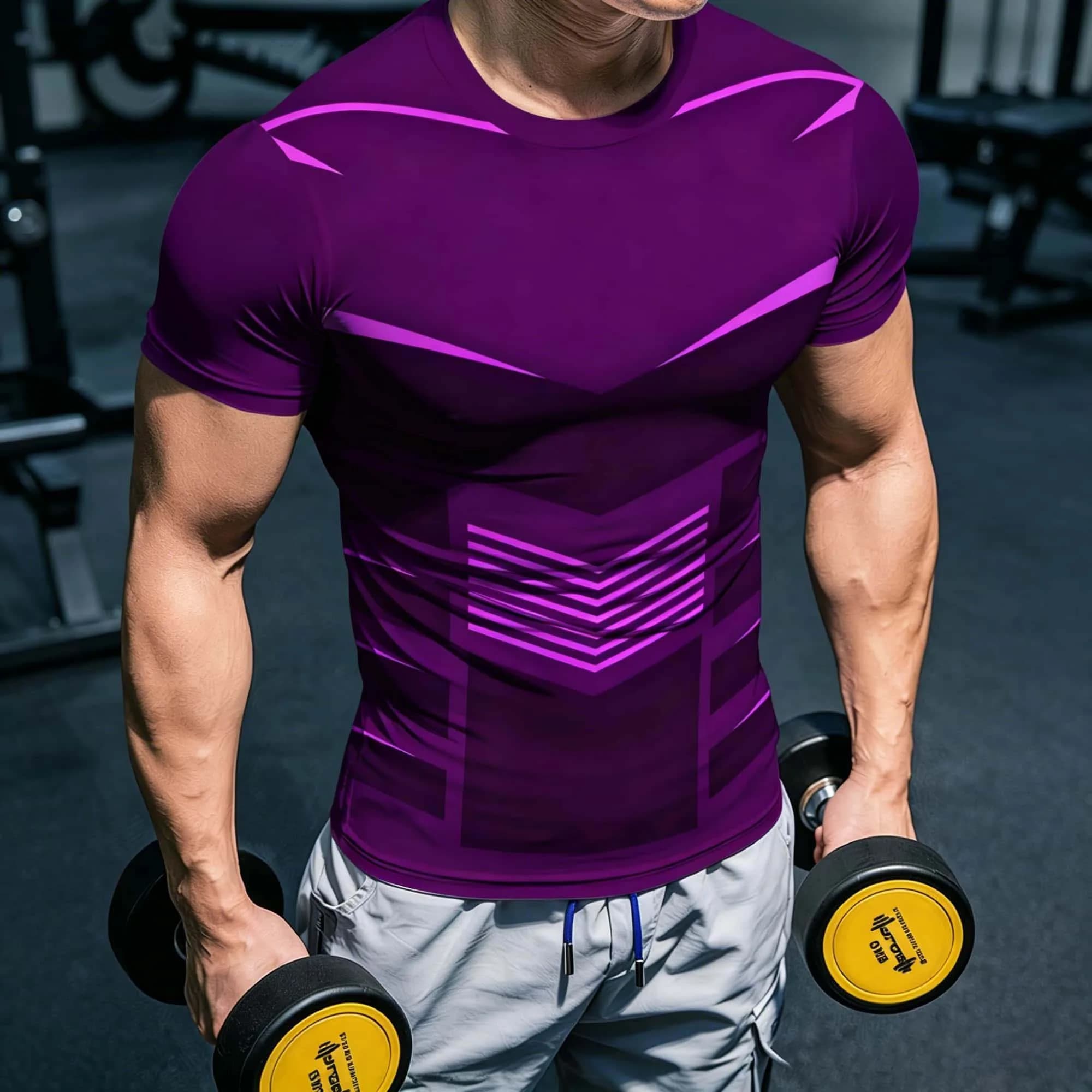 2026 New Techwear Arrow Line Full Print Men Short Sleeve Compression T-shirt Breathable Quick Dry Weightlifting Training Pullove