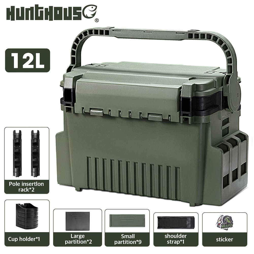 Hunthouse Fishing Tool Box Large 12L 43*18.5*28cm Multifunction with Candle Holder, Glass Holder and Container for Fish