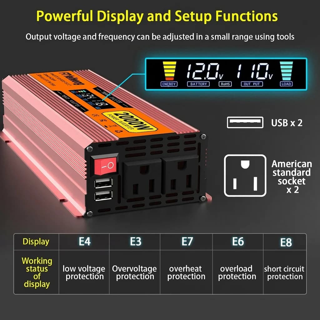 Convertitore di potenza da 2000 W da 12 V a 220 V CA con 1 presa 2 porte USB per emergenza da campeggio solare per auto RV
