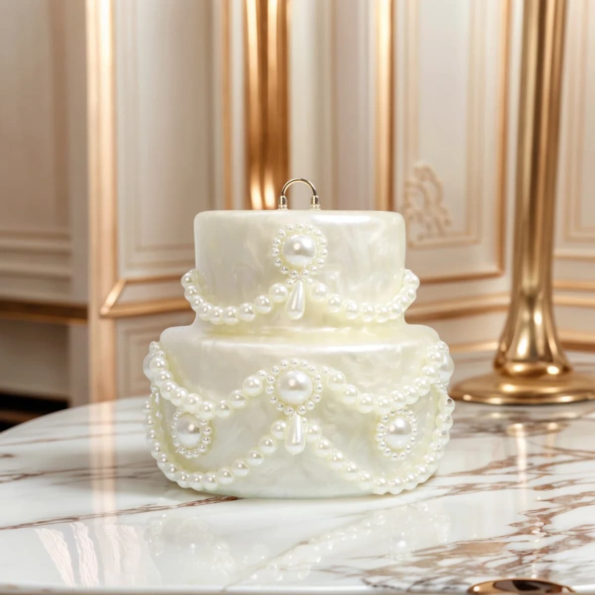 Women Cute Cake Shape Acrylic Clutch Purse Beaded Chian Crossbody Bag Unique Pearl Wedding Handbag for Prom Party
