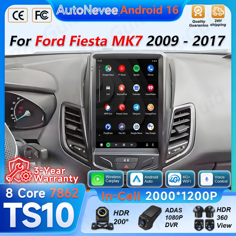 Autoradio Android 16 per Ford Fiesta MK7 2009-2016 con Carplay, Navigazione e Lettore Multimediale Video