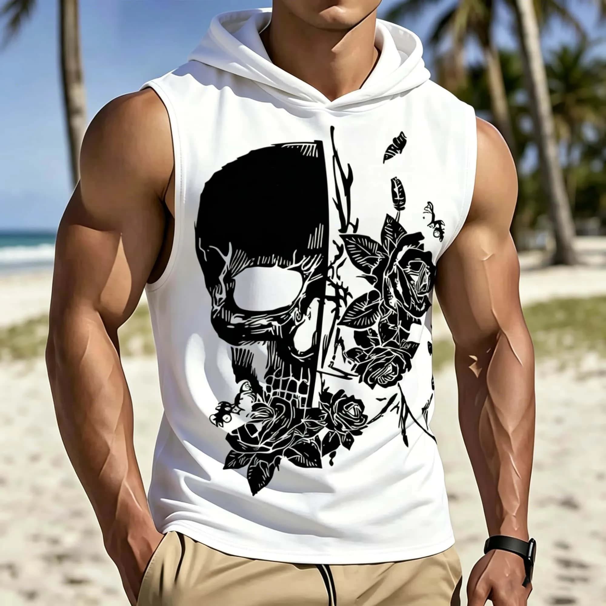 Punk Gothic Skull Rose Print Hooded Sleeveless Vest Men Breathable Top Bodybuilding Street Casual Summer Sports Hood Tank