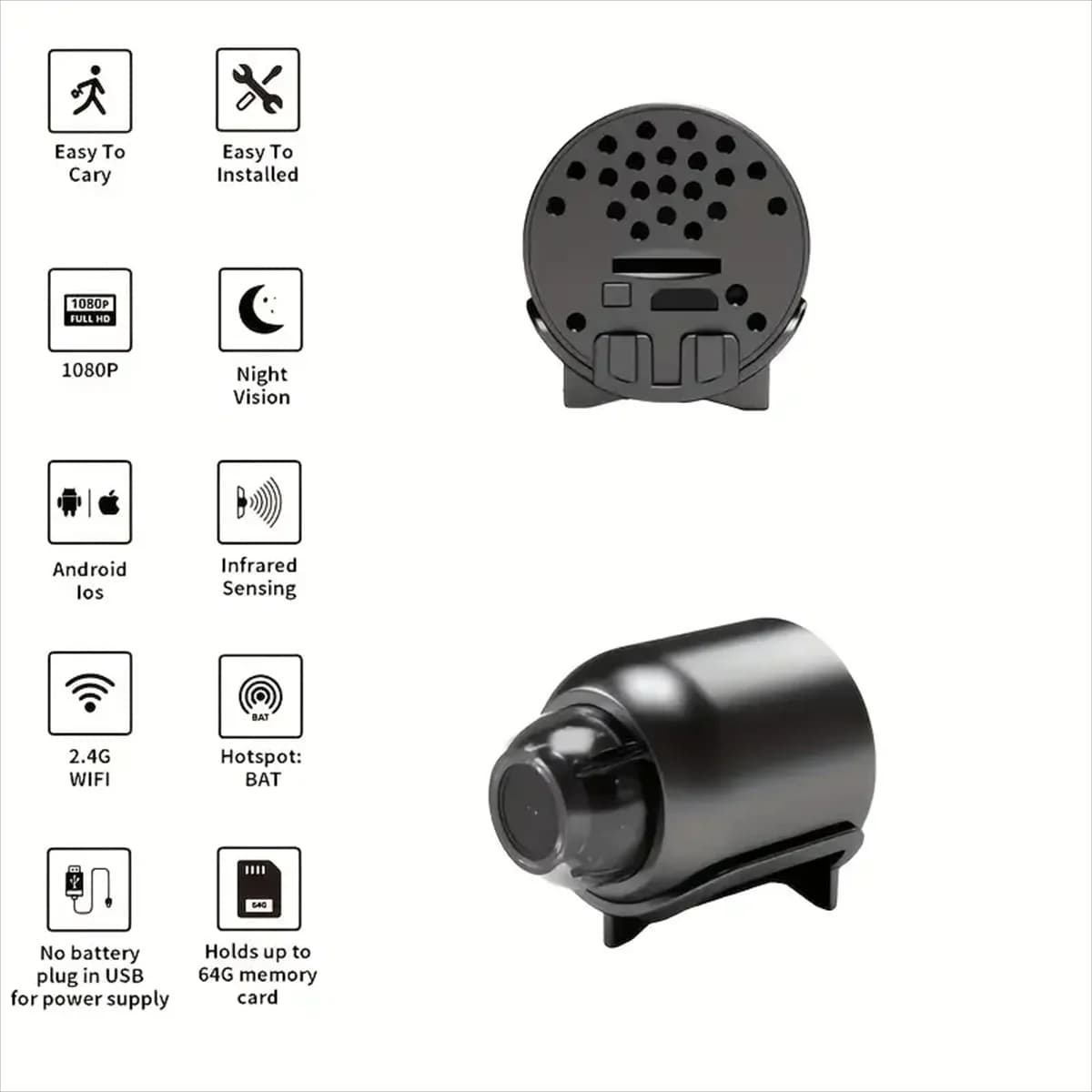 Wi-Fi 1080P Indoor Wireless Motion Sensor App Control 2.4Ghz USB Rechargeable Handicap Notice No Adhesive
