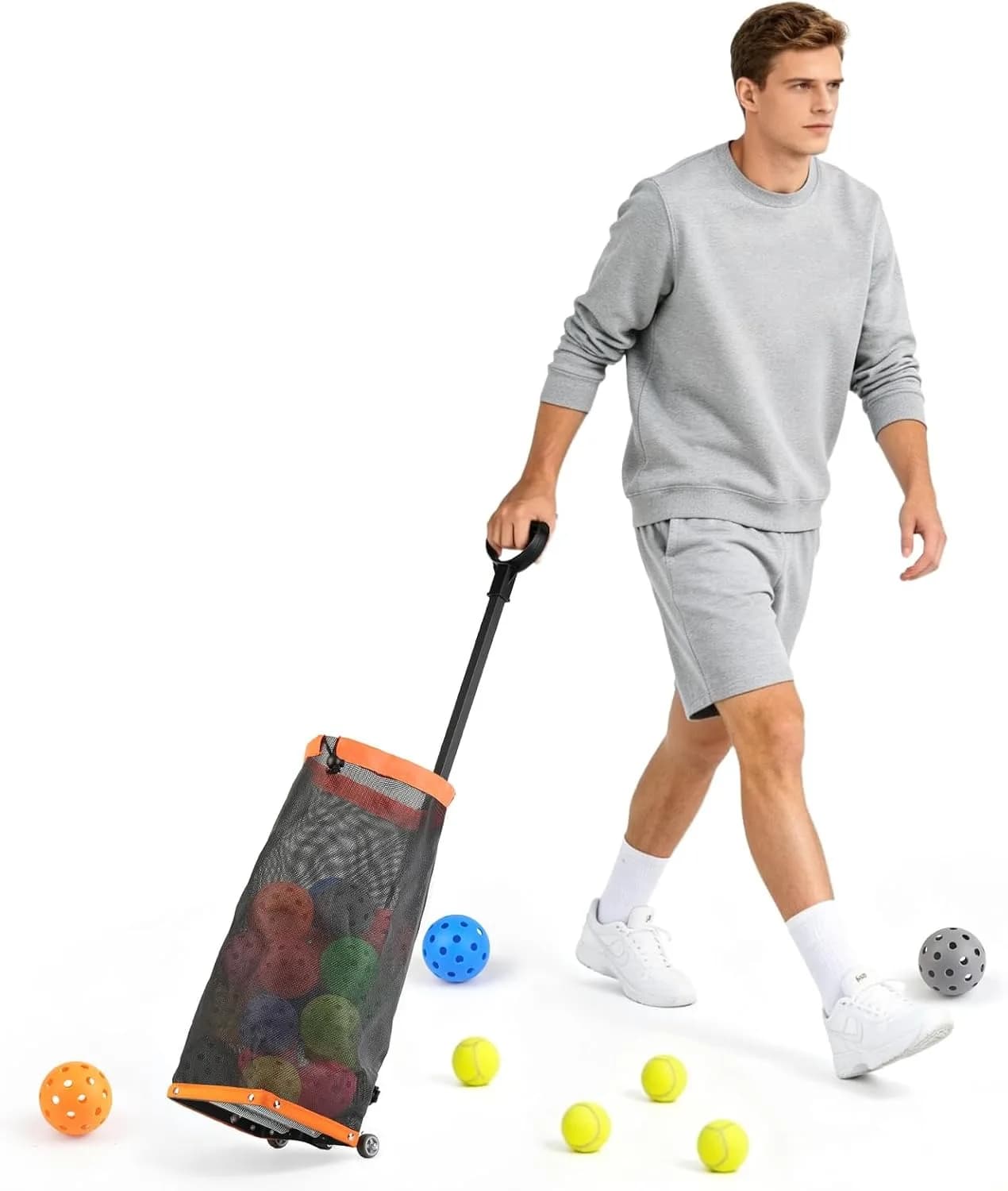 Rolling Pickleball Ball Collector with Wheels & Telescopic Handle Large Capacity Tennis Ball Hopper Basket with Durable Mesh