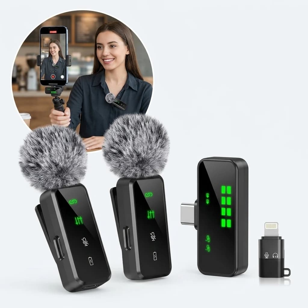 Wireless Lavalier Microphone Clip On Mini Mic for Phone Video Recording Live Streaming Podcast Interview Vlog, Portable Audio Microphone with Noise Reduction, 360° Sound Pickup, Low Latency, Rechargeable Mic for Content Creation