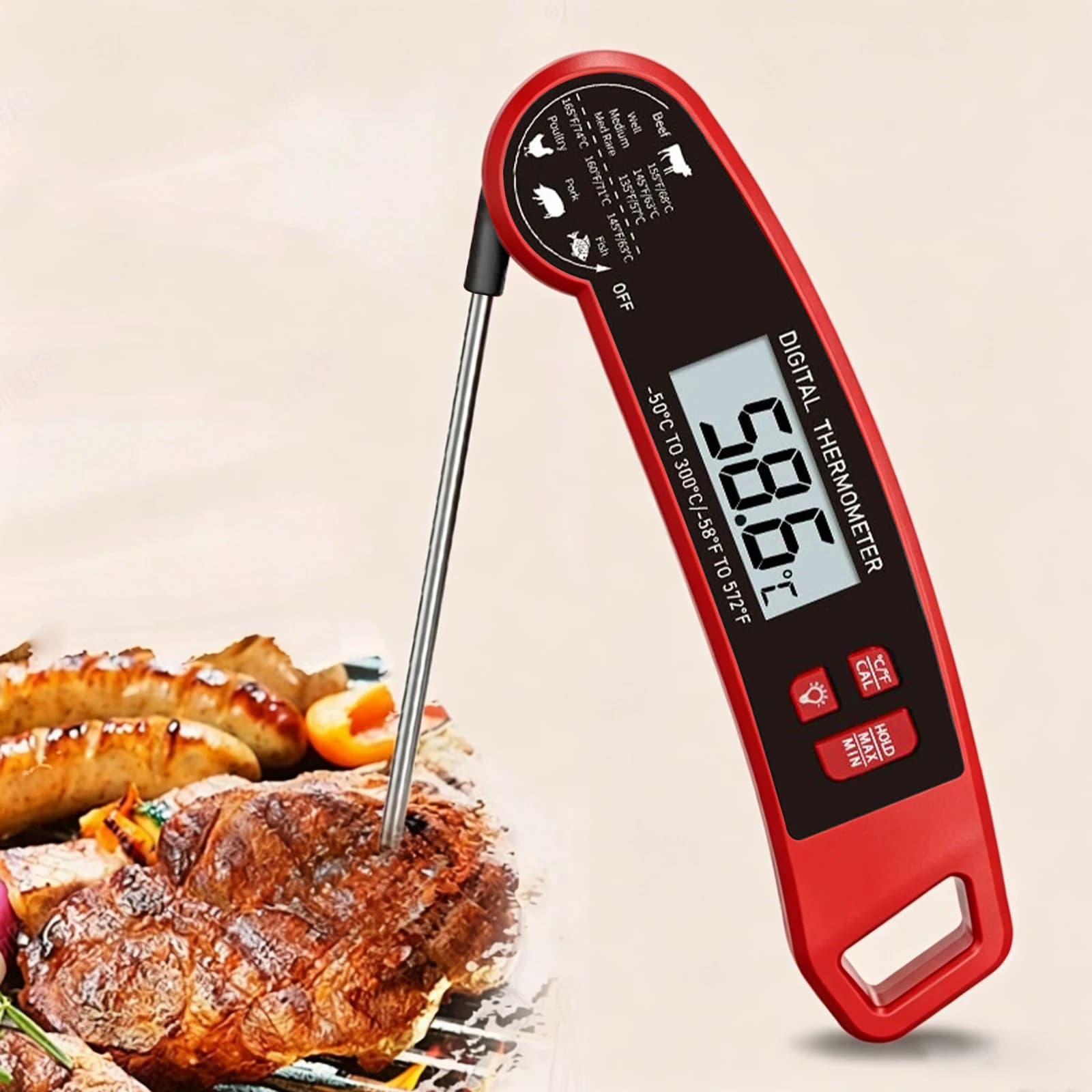 Instant Read Meat Thermometer Digital Food Temperature Tester, Kitchen Cooking Thermometer for BBQ Grilling Baking Air Fryer, Temperature Gauge for Meat, Milk, Water, Soup, Porridge and Hot Drinks, Portable Outdoor Camping Cooking Tool