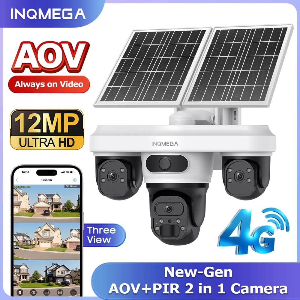INQMGEA Telecamera WIFI Esterna 12MP a 3 Lenti, Telecamere di Sorveglianza Alimentate a Energia Solare con Visione Notturna per Giardino e Cortile