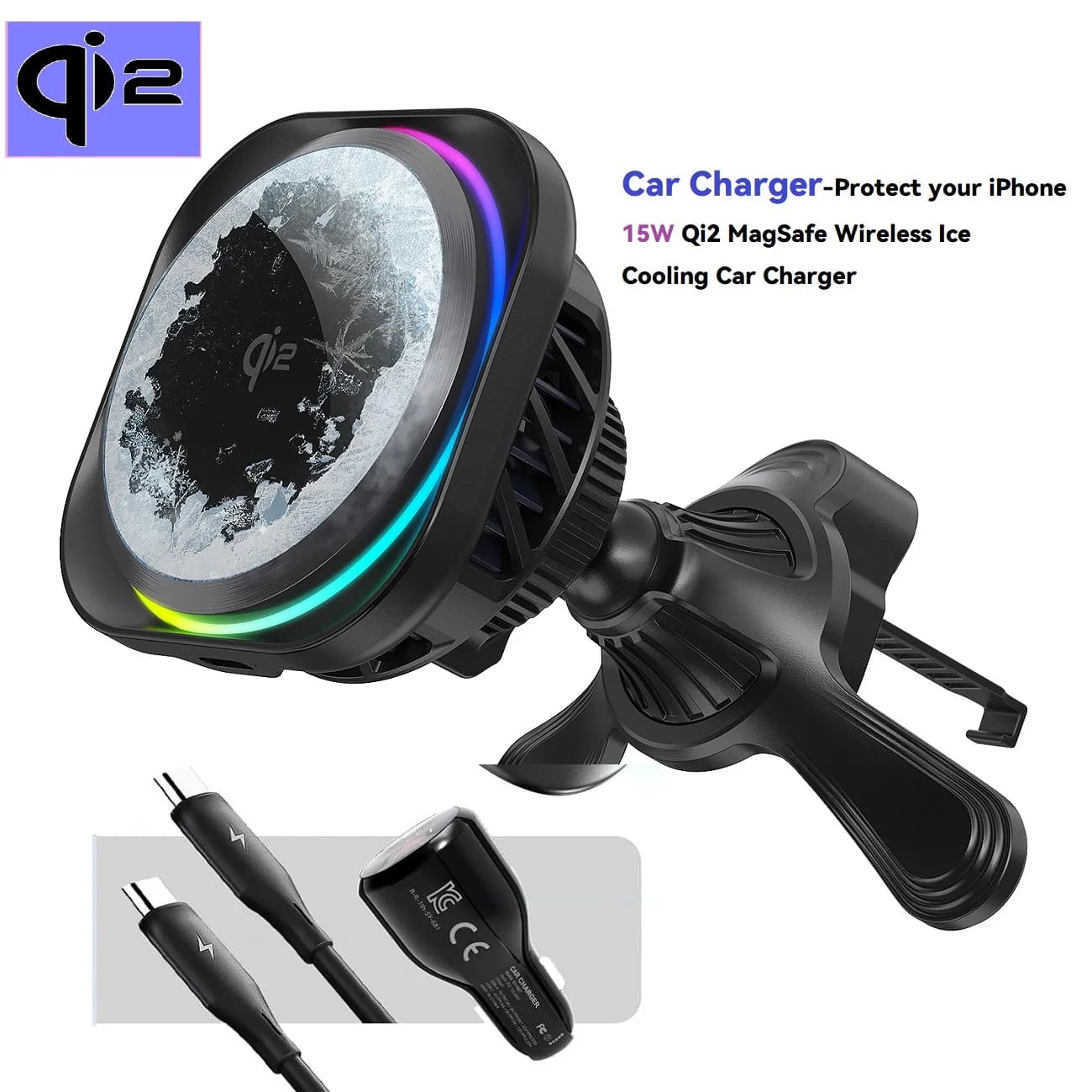 Caricabatterie Wireless per Auto Qi2 15W, Raffreddamento MagCold, Raffreddamento Attivo a Semiconduttore, 360° ° Supporto Magnetico Regolabile per Anello, Gancio per Bocchetta di Ventilazione AC