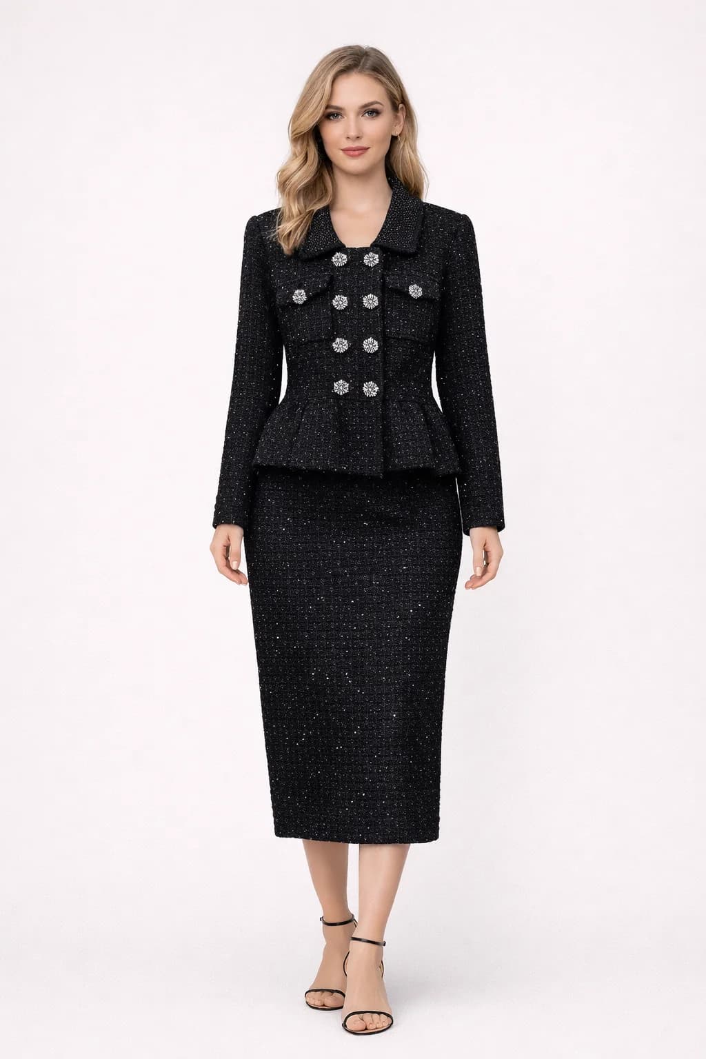 Double Breasted Diamonds Designer Autumn Crystal Beading Knitted Cardigans Jackets Women Two Piece Sets Midi Long Pencil Skirts