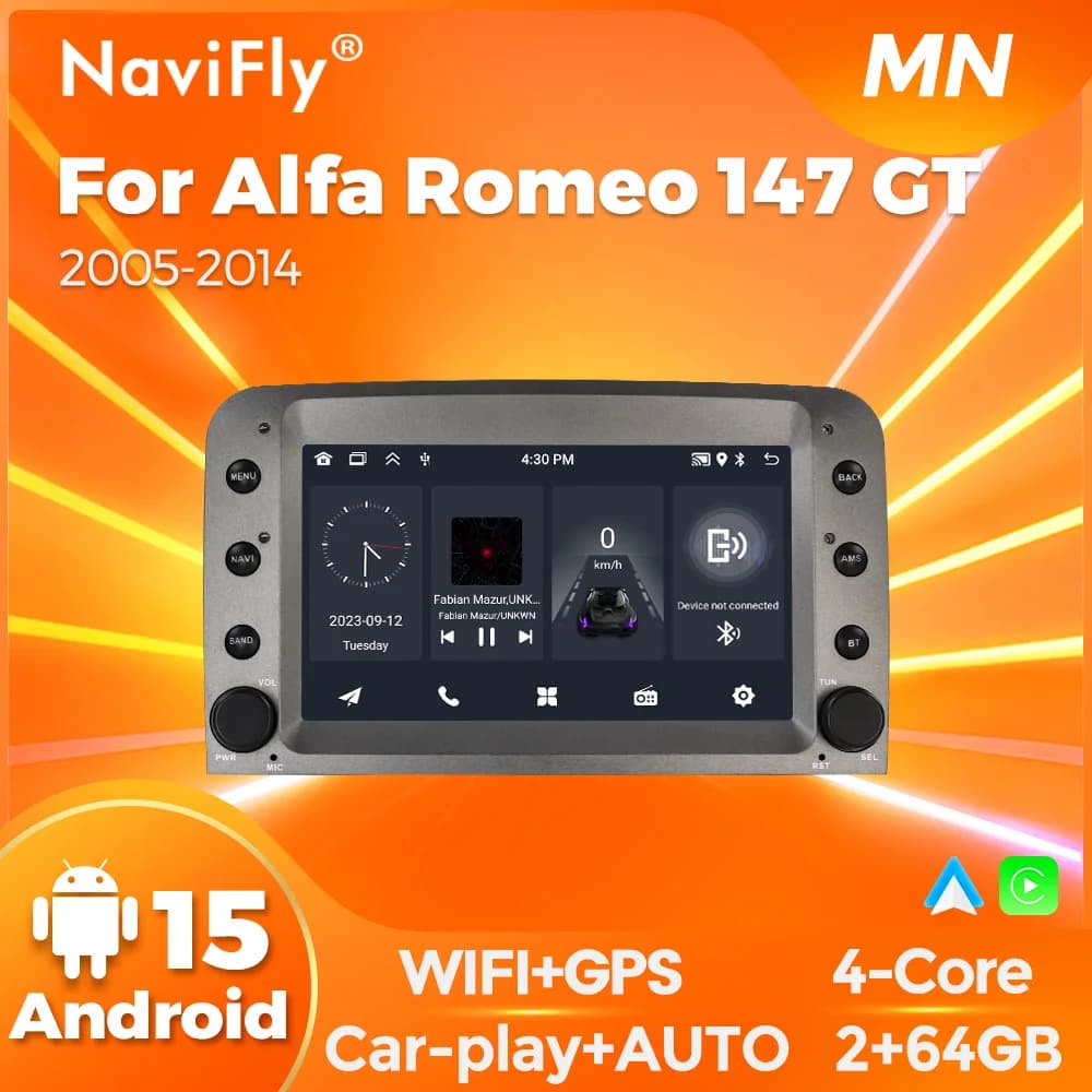 NaviFly Autoradio Android 15 da 7 Pollici 2G-64G per Alfa Romeo 147 GT 937 con Carplay Wireless e Sistemi Intelligenti Multimedia