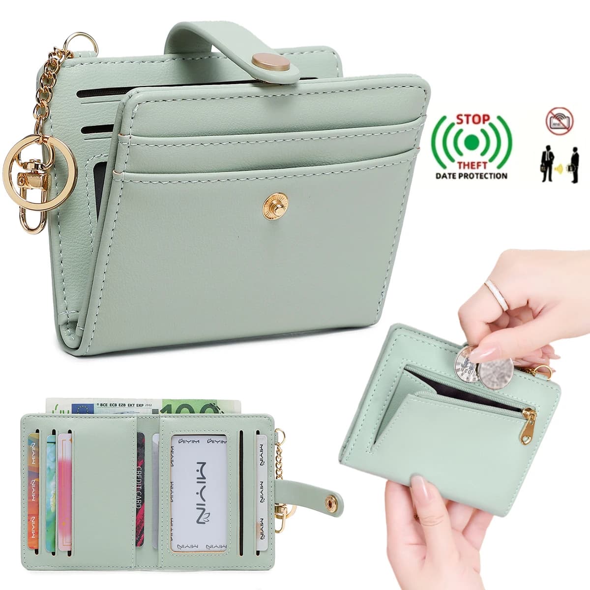Portafoglio per carte di credito da donna con doppia piega con blocco RFID ultrasottile con scomparti multipli per carte e portachiavi, portamonete funzionale
