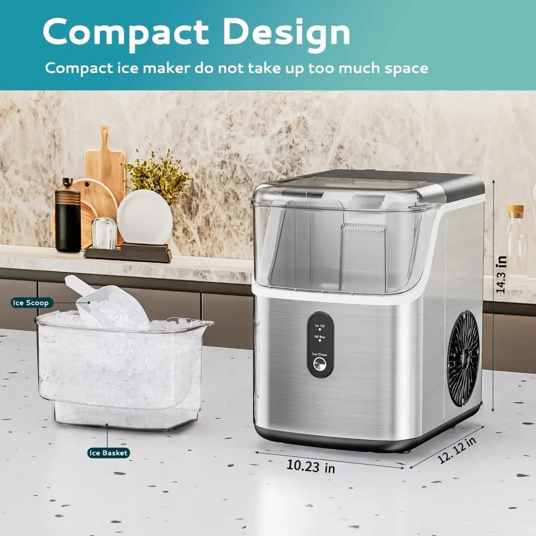 EKOJUCE Countertop Nugget Ice Maker, 34Lbs/Day Portable Pellet Ice Machine with Self-Cleaning Function, Soft Chewable Ice Maker for Coffee, Soda & Tea, Stainless Steel Ice Maker for Home, RV, Camping & Parties