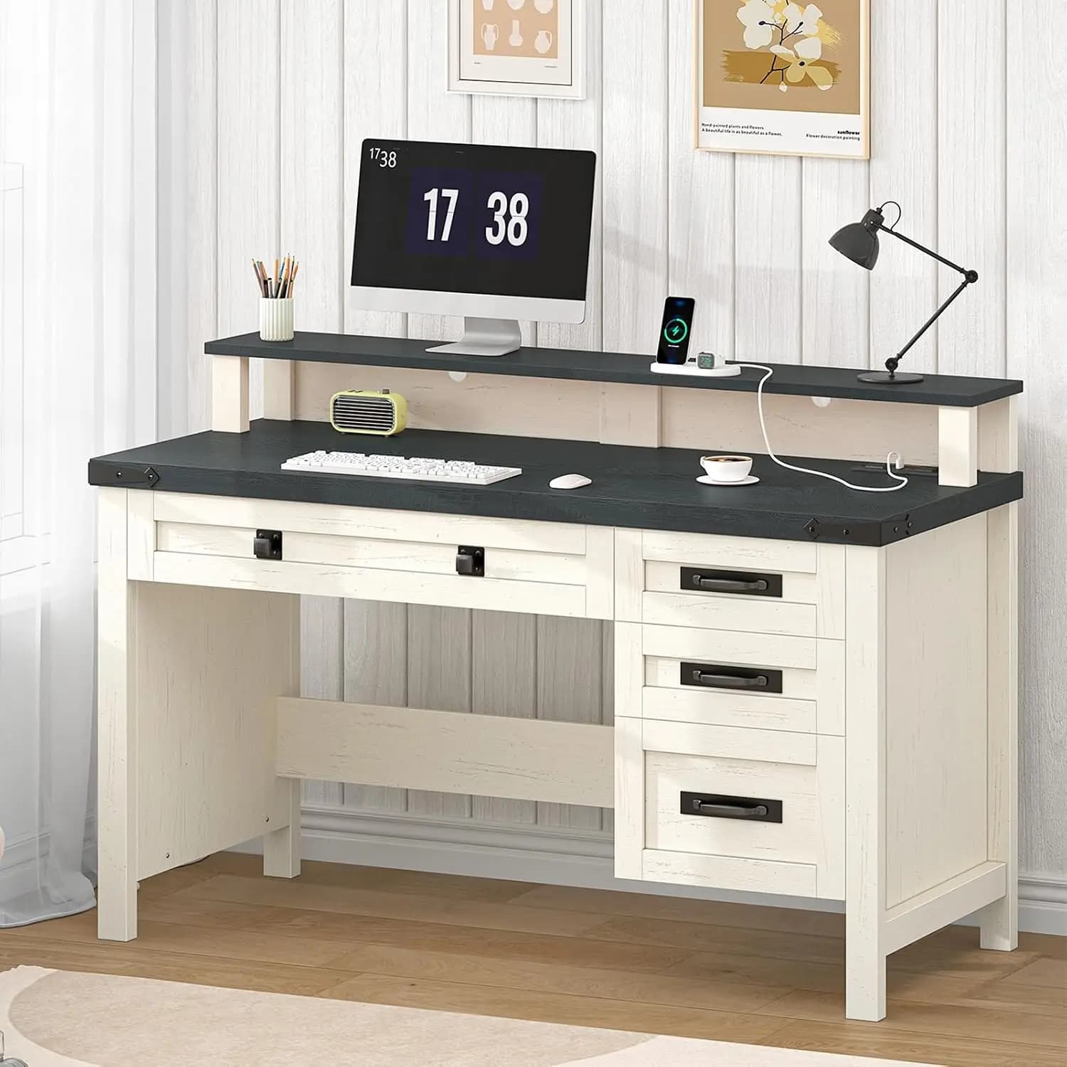 47" Farmhouse Computer Desk with Drawers & Outlets for Home Office, Bedroom Executive Desk with Power Outlets, Home Office Desk with Monitor Stand, Small Desk Writing Study Table, Black and White