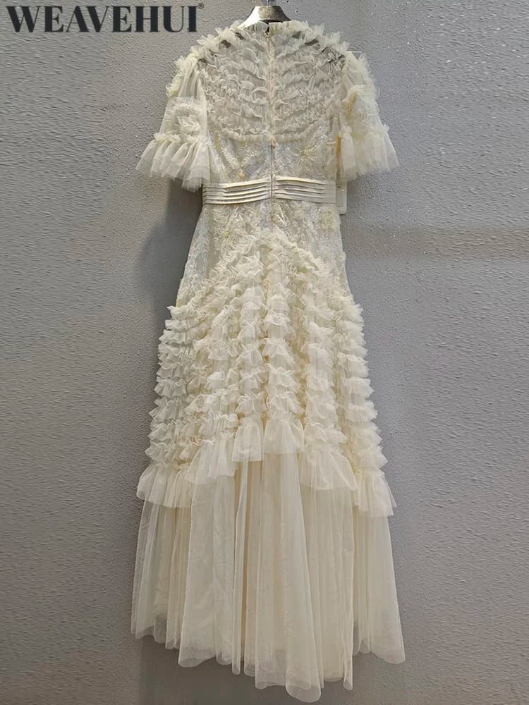 WEAVEHUI Women O-Neck Flare Sleeves Beading Sequins Spring Summer Vintage Big pendulum Maxi Dresses