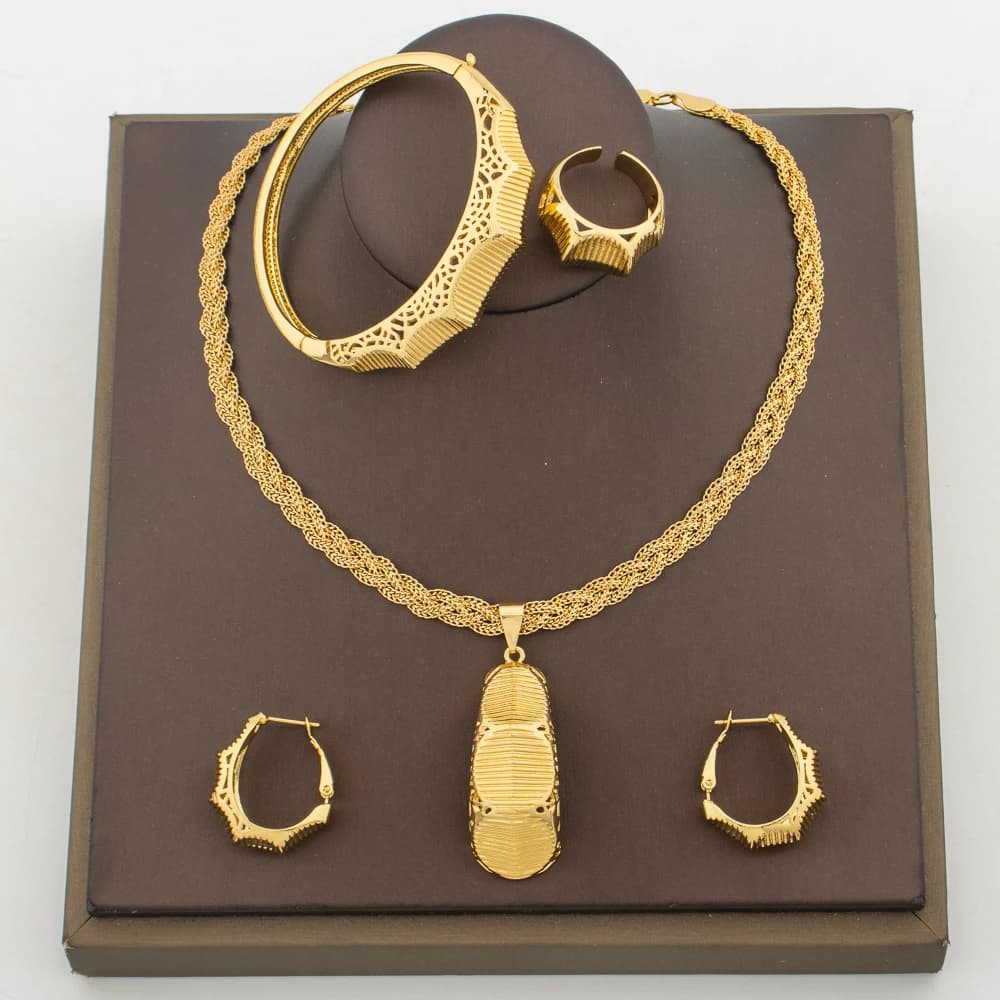 African 18k Gold Color Jewelry Set for Party Pendant Necklace and Hoop Earrings Elegant Ladies Bangle Ring Set for Engagement