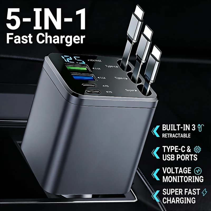 Fast Retractable Car Charger with 3 USB Type-C Cables - Universal socket, No Battery, 13.8V Output, Car Charging Solution