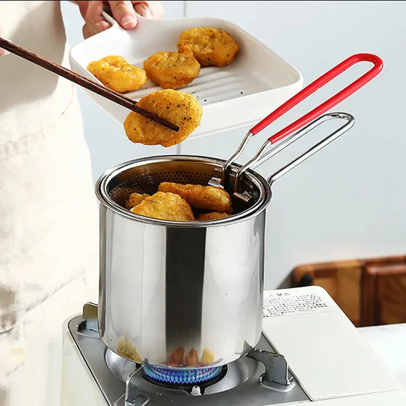 4pieces Stainless Steel Deep Frying Pot Portable Frying Pot With Strainer Basket Tempura French Fries Fryer Utensils Kitchenware