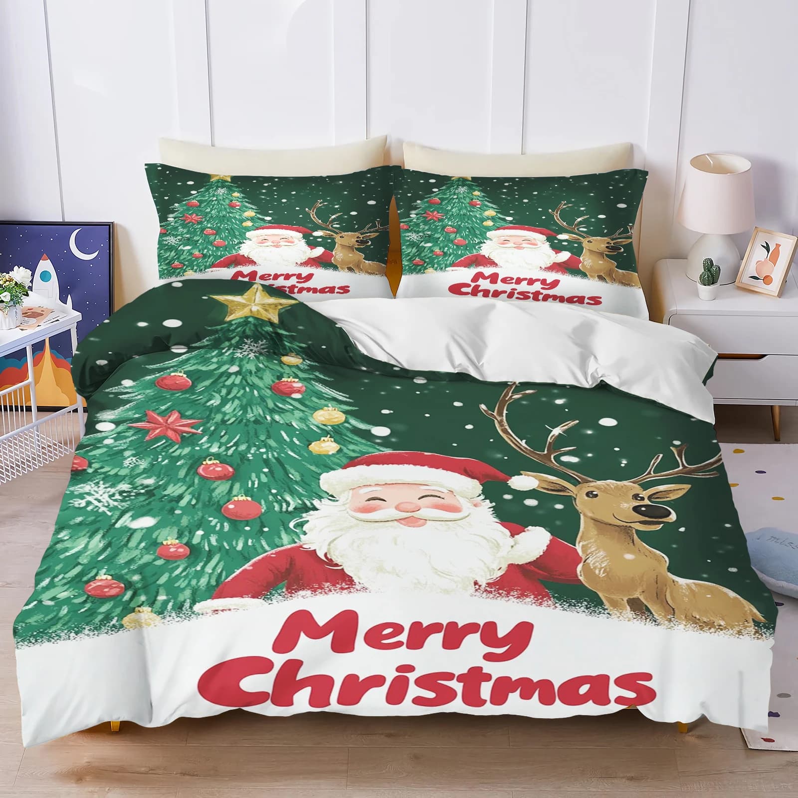 Gingerbread Man Babbo Natale Albero di Natale Renna Anime Set di biancheria da letto stampato Copripiumino Copripiumino Queen in cotone simpatico cartone animato