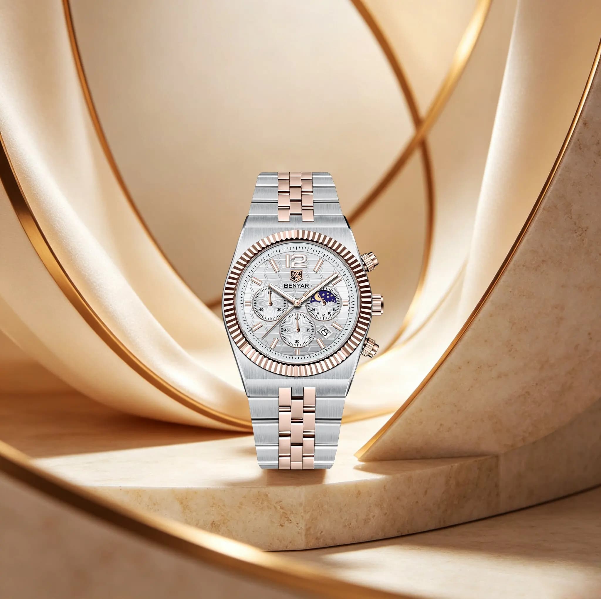 BENYAR Luxury Two-Tone Mens Quartz Watches Moon Phase Display Date Window Luminous Waterproof Stainless Business Fashion Watches