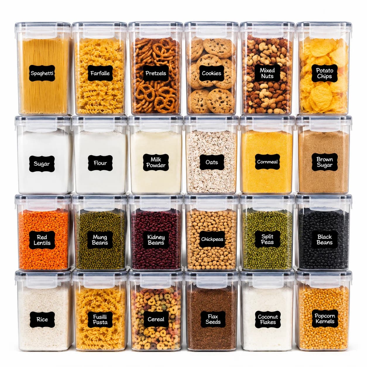 Airtight, moisture-proof food storage containers with lids, 24-piece kitchen pantry organizer set, suitable for storing snacks, sugar, and beans. Comes with labels, stackable, convenient and easy to use, and available in multiple capacities.