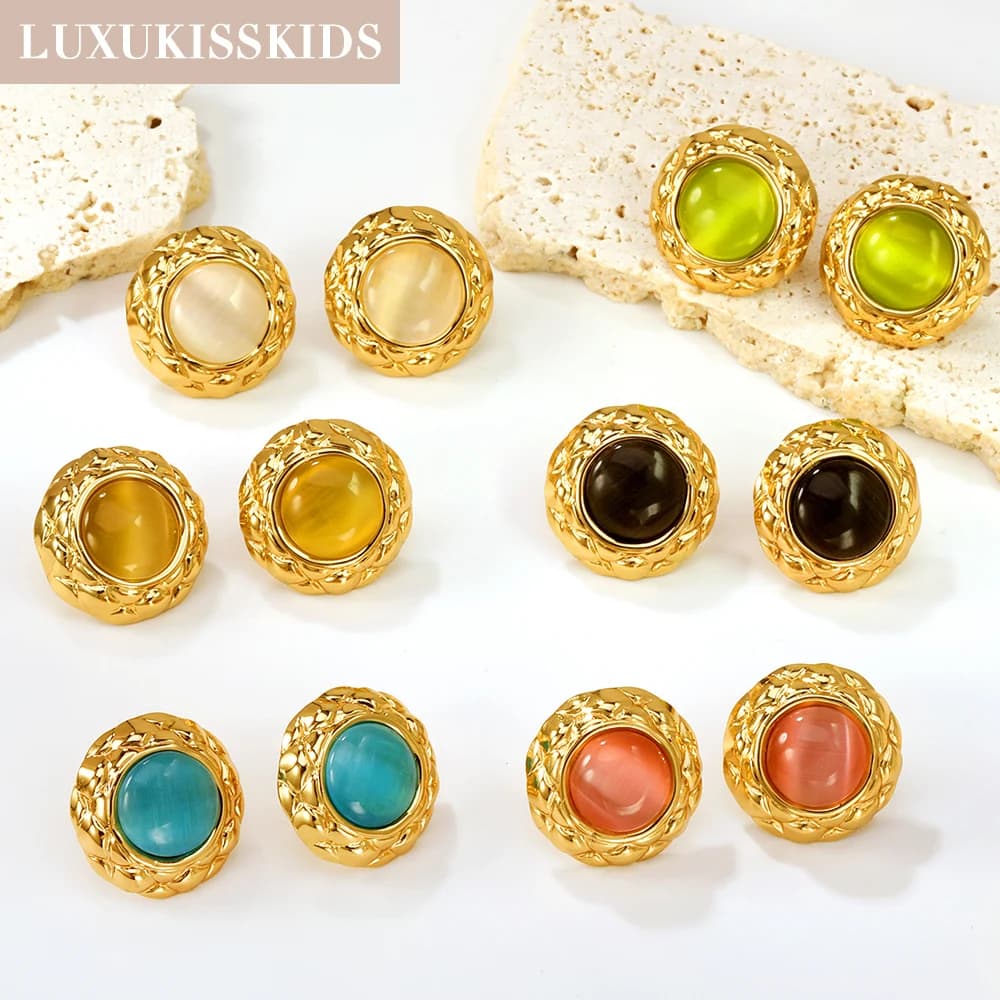 LUXUKISSKIDS Vintage Opal Round Earrings Luxury Oblate White Stone Stud Earings Stianless Steel Piercing Woman Premium Jewelry