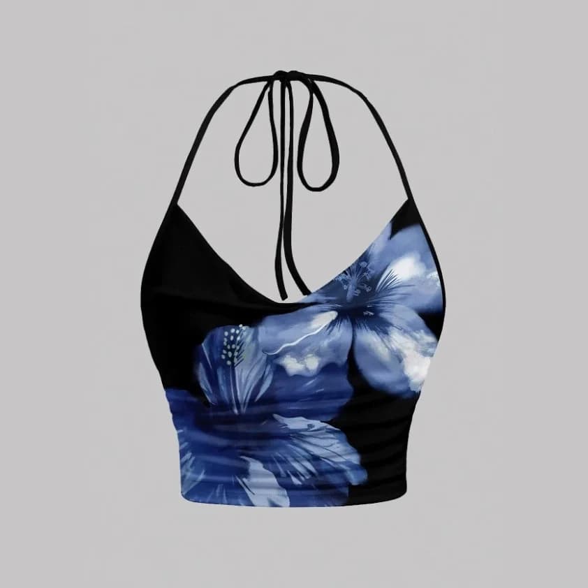 Floral Print Halter Top For Women Y2K Tie-dye Sexy Backless Drape V-neck Crop Top Streetwear Summer Hot Girl Vintage Camis Top