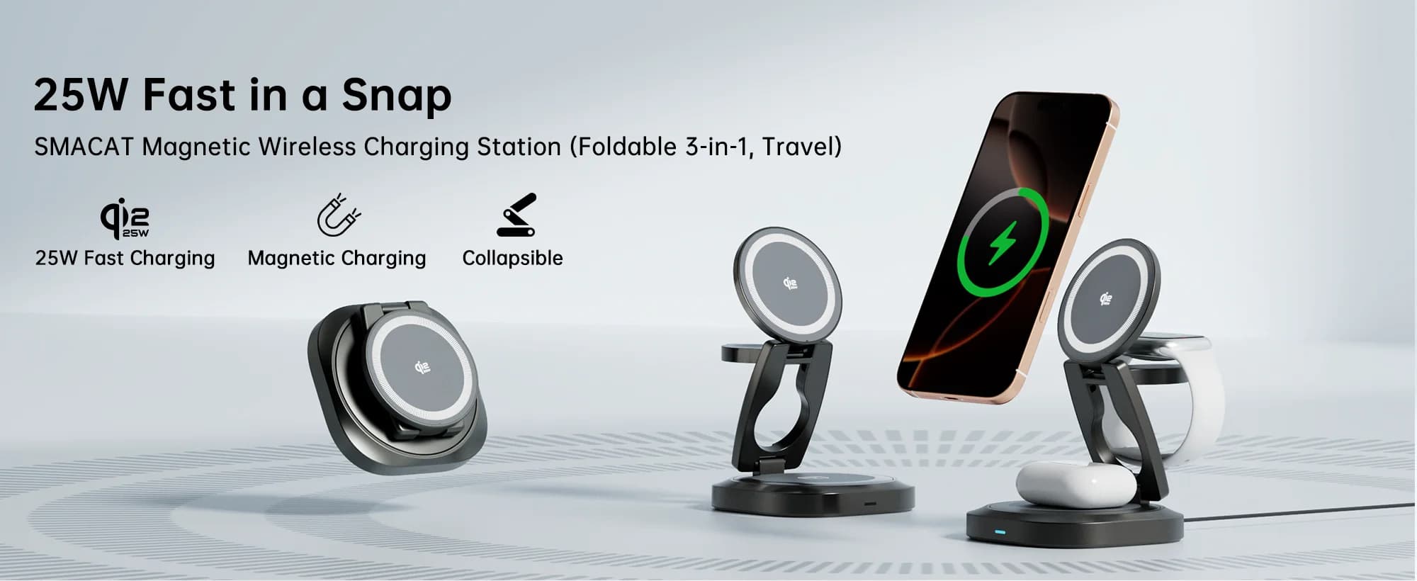 Qi2.2 Folding Magnetic Wireless Charger 25W Fast Charging Zinc Alloy 360 ° Rotation Suitable for Watches, Mobile Phones, Earphon
