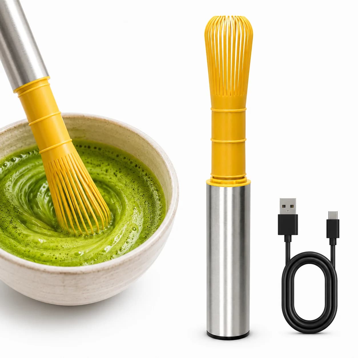 Portable USB Rechargeable Matcha Mixer with Bamboo-Style Whisk Head and Protective Storage Cover for Green Tea Preparation