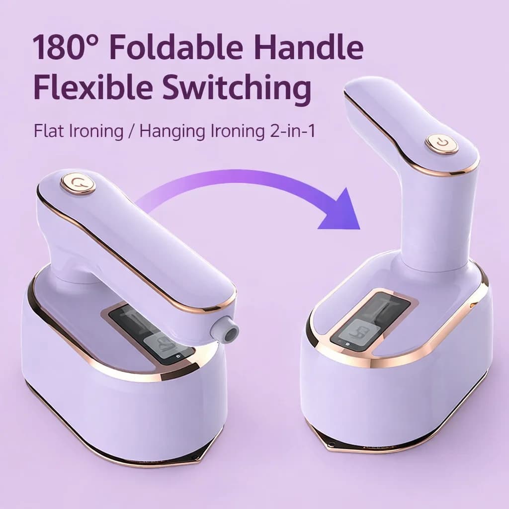 Ferro da Stiro a Vapore Portatile Mini, Stiratore per Indumenti con Manico Pieghevole a 180°, Macchina 2-in-1 per Stiratura a Piatto e Verticale, per Casa e Viaggio