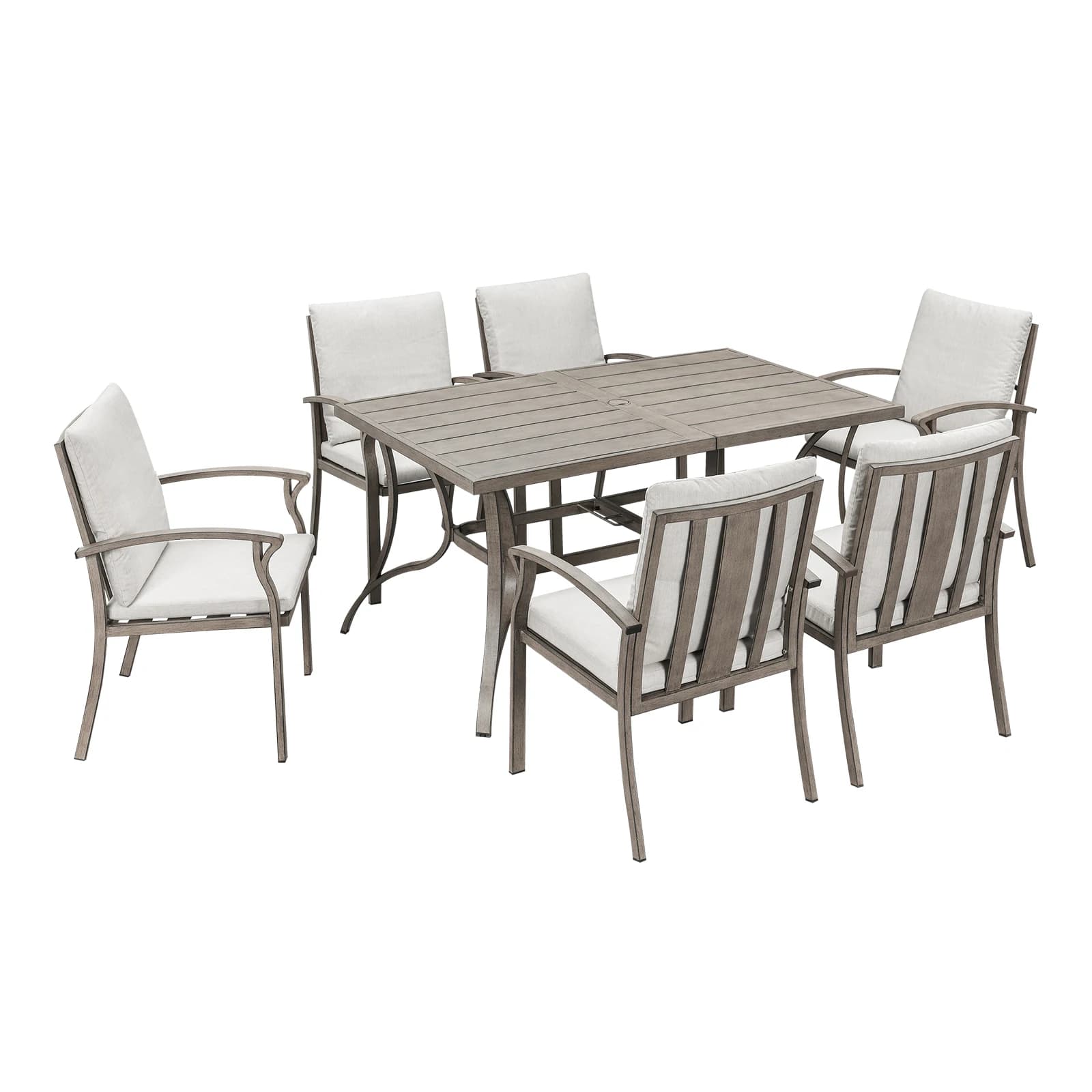 SeeHill Set da pranzo da patio da 7 pezzi, tavolo da esterno in alluminio e 6 sedie con cuscini, mobili da pranzo con foro per ombrellone