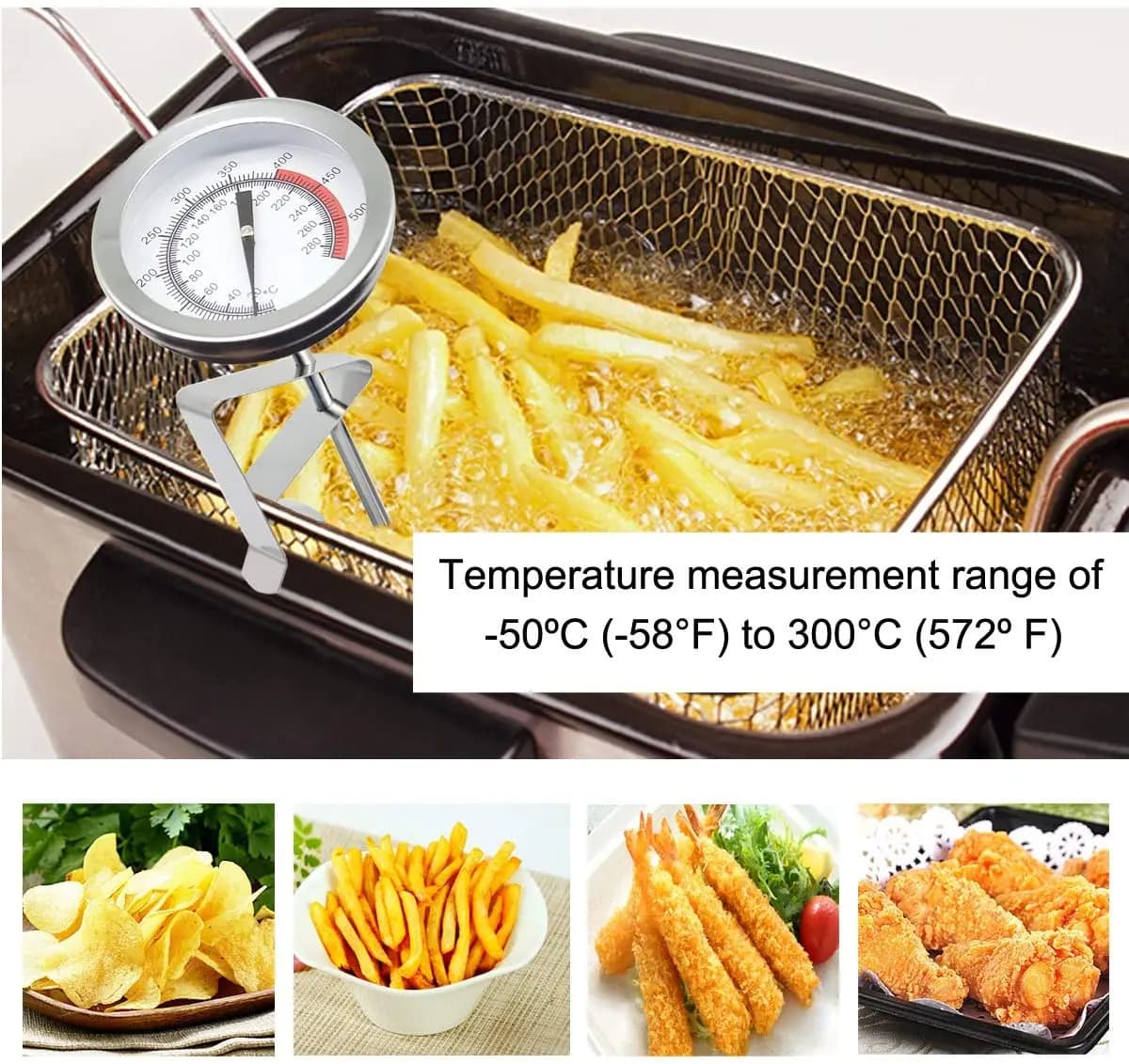 Pratici utensili da cucina Termometro per barbecue con patatine fritte per friggere in acciaio inossidabile 50 ° -550 ° Ala di pollo C, lunga 40 cm