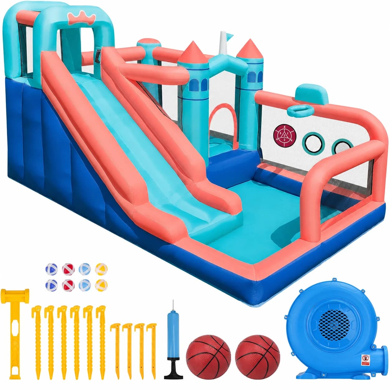 Inflatable Water Slide Bounce House for Kids 8-in-1 with Climbing Wall Splash Pool Basketball Hoop Target Games Backyard