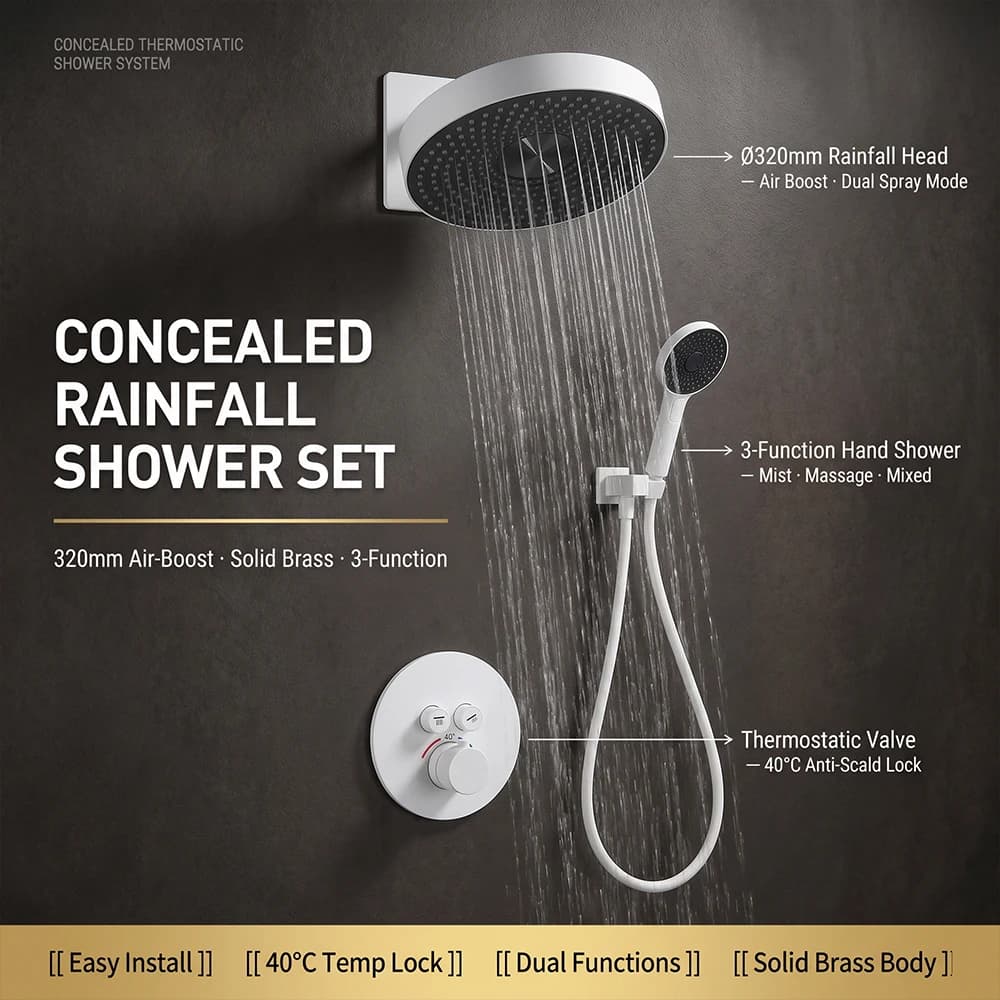 Concealed Thermostatic Shower System 320mm Rainfall Solid Brass Wall Mounted Anti-Scald 3-Function Hand Shower Bathroom Set