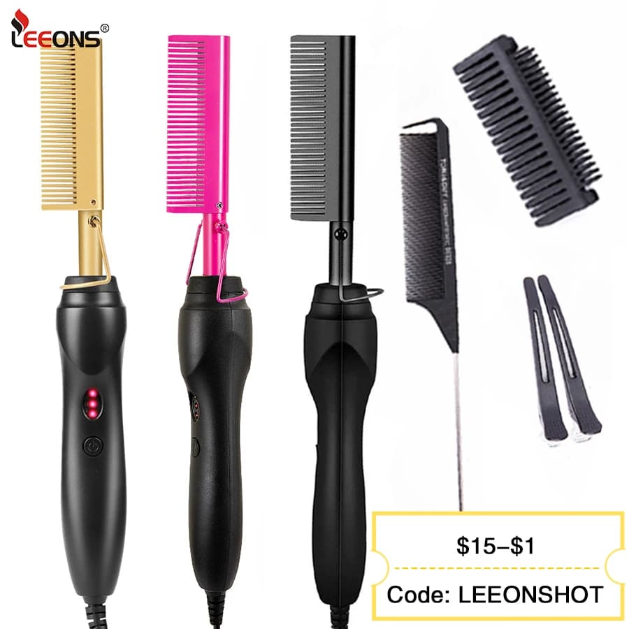 Leeons Hot Comb Black Hair Plate Iron Electric Comb for Warm Heating Bigodino for Wet and Dry Hair Iron Hairstylers for Straight Styler