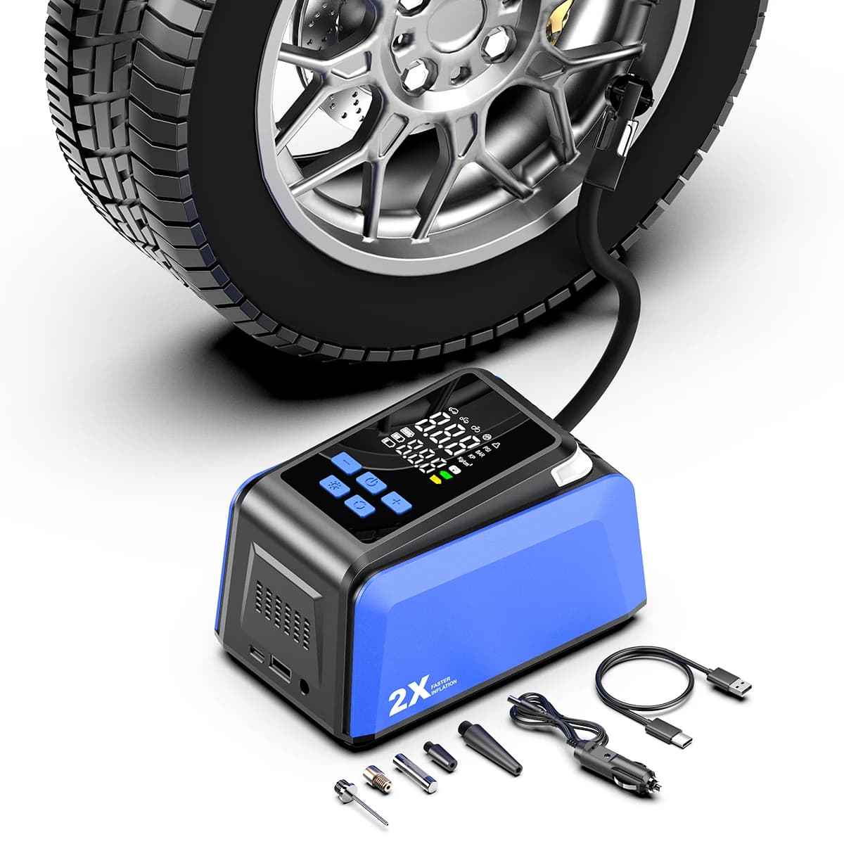 Compressore d'Aria Portatile per Auto con Display Digitale Intelligente, Pompa Multifunzione per Pneumatici, Compressore d'Aria Senza Fili con Illuminazione