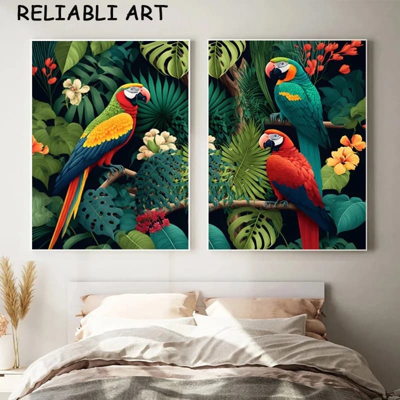 Green leaves parrot bird animal poster and prints on canvas painting modern wall art pictures for living room decorations for home without frame