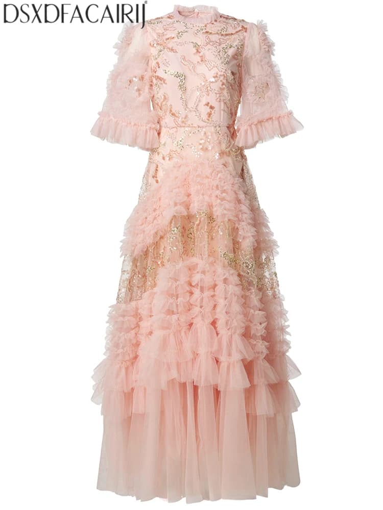 DSXDFACAIRIJ Abito lungo estivo vintage da donna con scollo a O, maniche a campana, perline, paillettes e bordo arricciato in rete a ampia gonna
