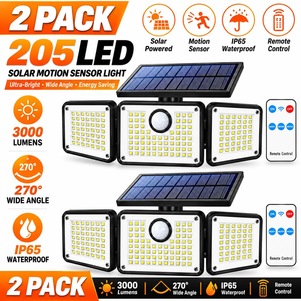 2PCS 205 LED Solar Motion Sensor Lights with Remote Control, 3000LM Outdoor Security Lights, 270° Wide Angle, 3 Lighting Modes, IP65 Waterproof Solar Wall Lights for Garage, Yard, Garden, Porch & Patio