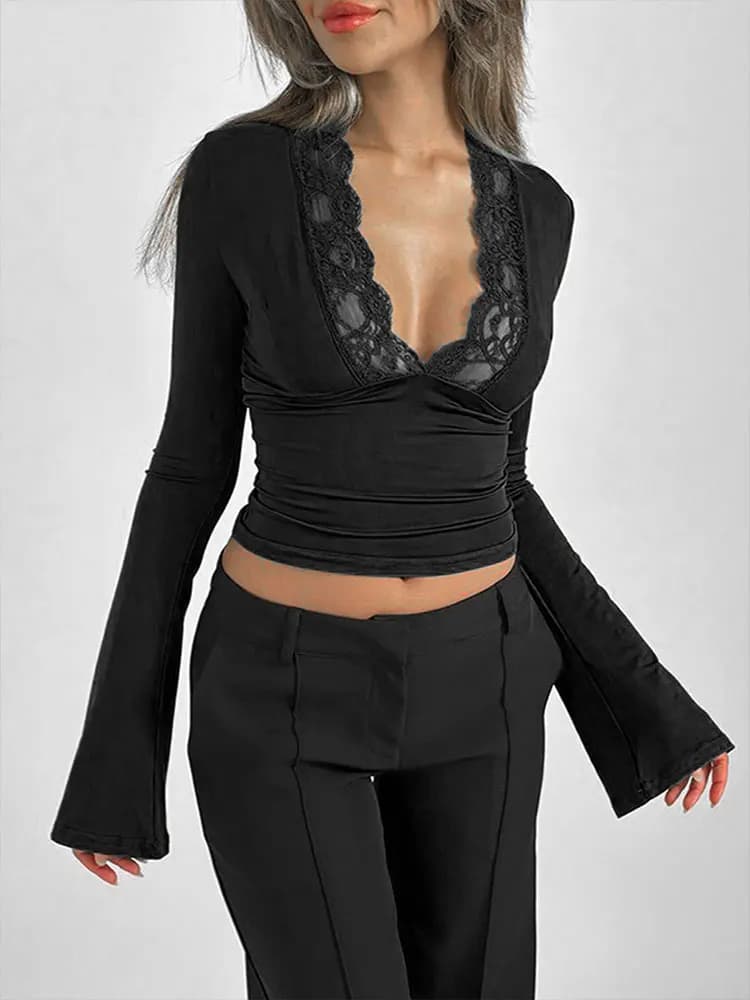 T-shirt da Donna Sexy con Scollo a V, Nuova Moda Primaverile Streetwear, Maglietta a Maniche Lunghe Casual Elegante e Aderente