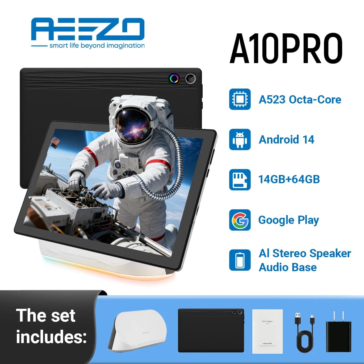 AEEZO Tablet Android 14 updated with stereo speaker AI Dock Otca-Core 14 GB + 64 GB 1 TB WiFi expansion 6 + BT5.3 Support Goolge Play