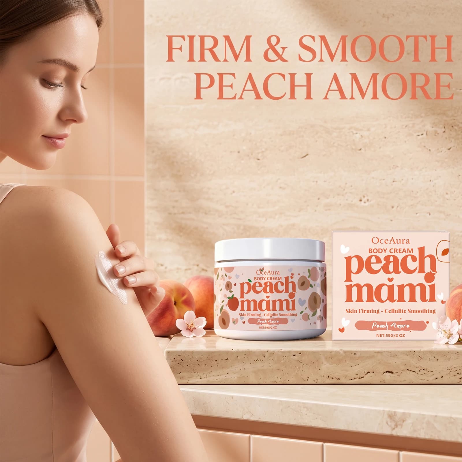 OceAura Peach Amore Body Cream Firming Smoothing Cellulite Light Texture Moisturizing Nourishing Brightening Dull Skin Sweet Scent Daily Care