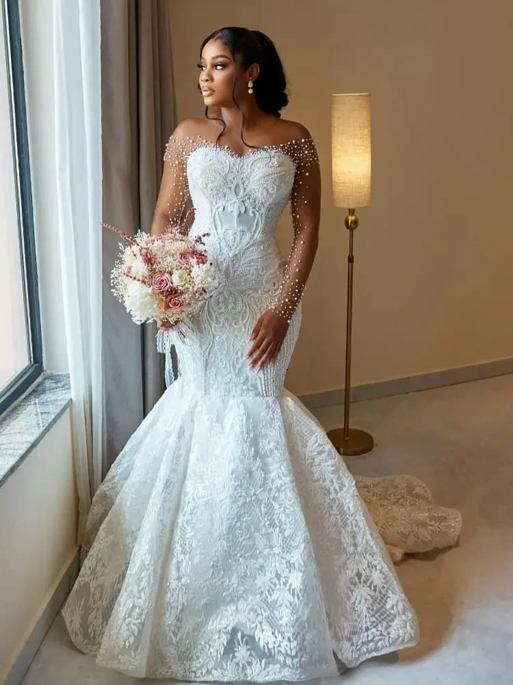 Abiti da sposa a sirena con scollo a O di lusso per la sposa Applicazioni africane Maniche lunghe Perle Aso Ebi Abito da sposa in tulle Vestido De Novia