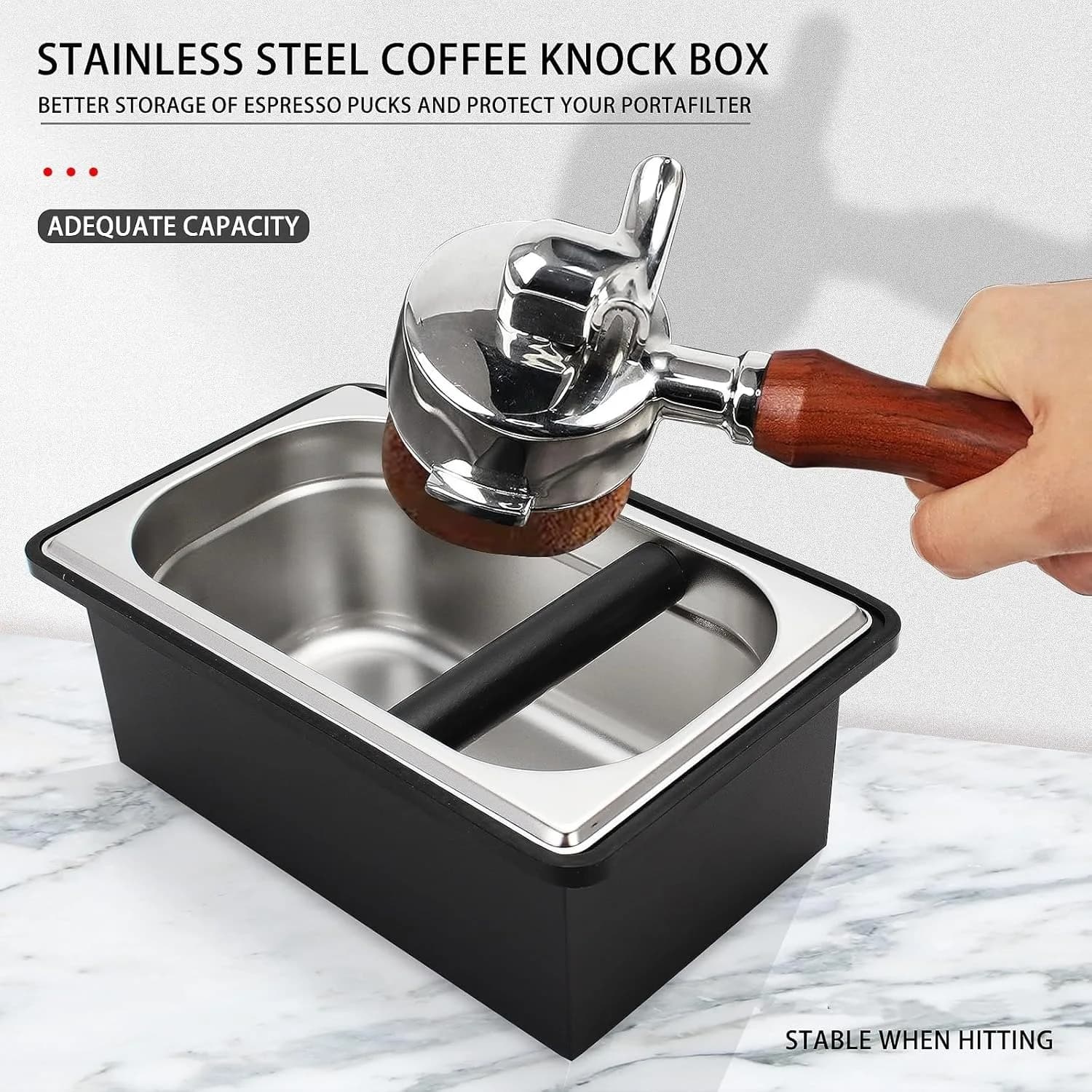 Coffee Knock Box Espresso Knock Box Stainless Steel Coffee Pucks Container with Steel Holder and Noise Reduction Rubber Ring