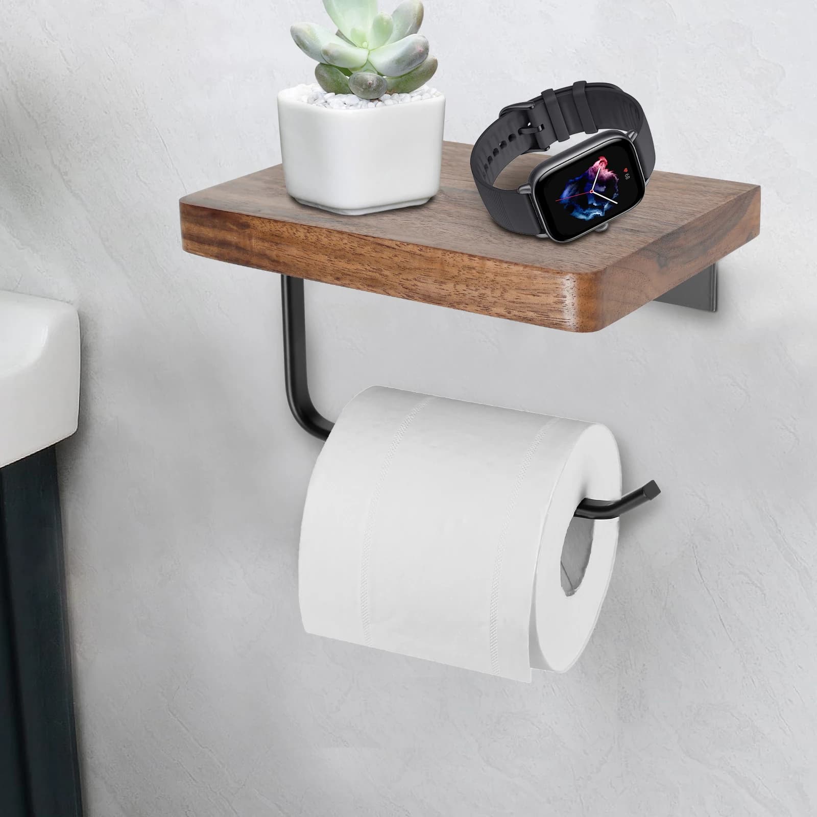 Portarotolo per carta igienica in legno di noce naturale Bagno autoadesivo per montaggio a parete Appendiabiti per asciugamani Accessori per riporre il portarotolo NUOVO