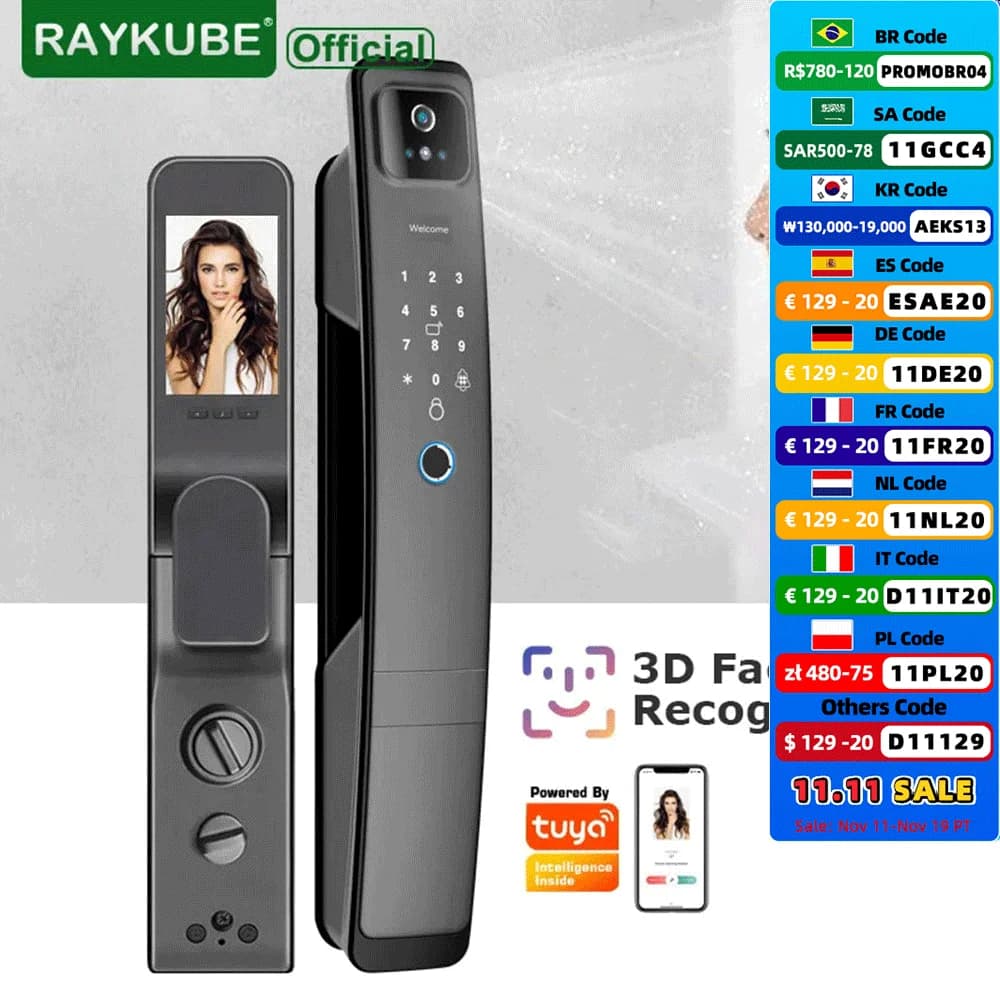 RAYKUBE DF5 Tuya WiFi Telecamera Smart Lock 3D Riconoscimento facciale Impronta digitale digitale Elettronica Tuya Smart Door Lock APP/Chiave/Scheda