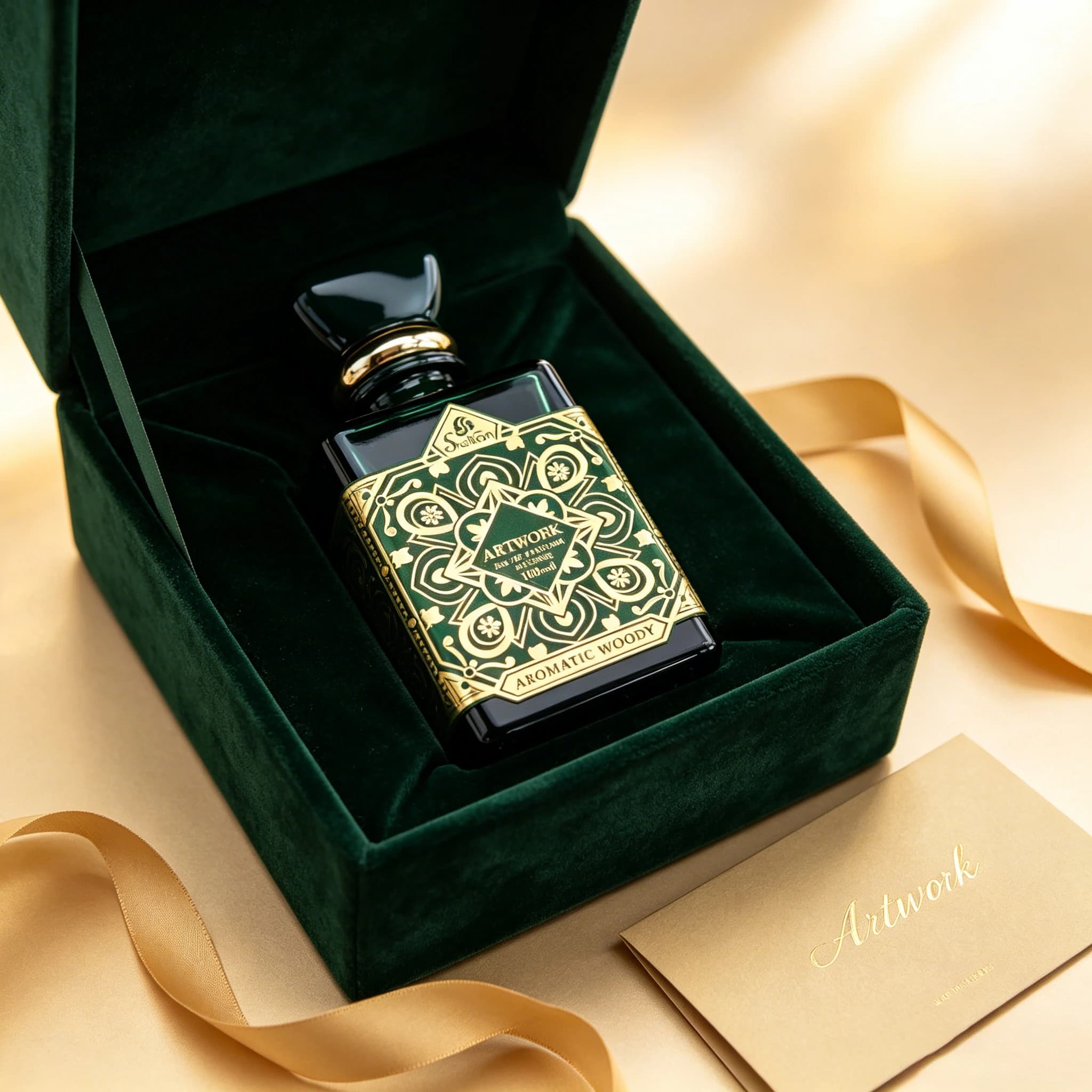100ml ARTWORK Unisex Aromatic Woody Eau de Parfum, Mixed Wild Berry Floral Forest Wood Long Lasting Fragrance, Vintage Dark Emerald Green Square Glass Bottle with Gold Embossed Oriental Pattern, All Day Wear Neutral Cologne, Luxury Dark Green Velvet Gift