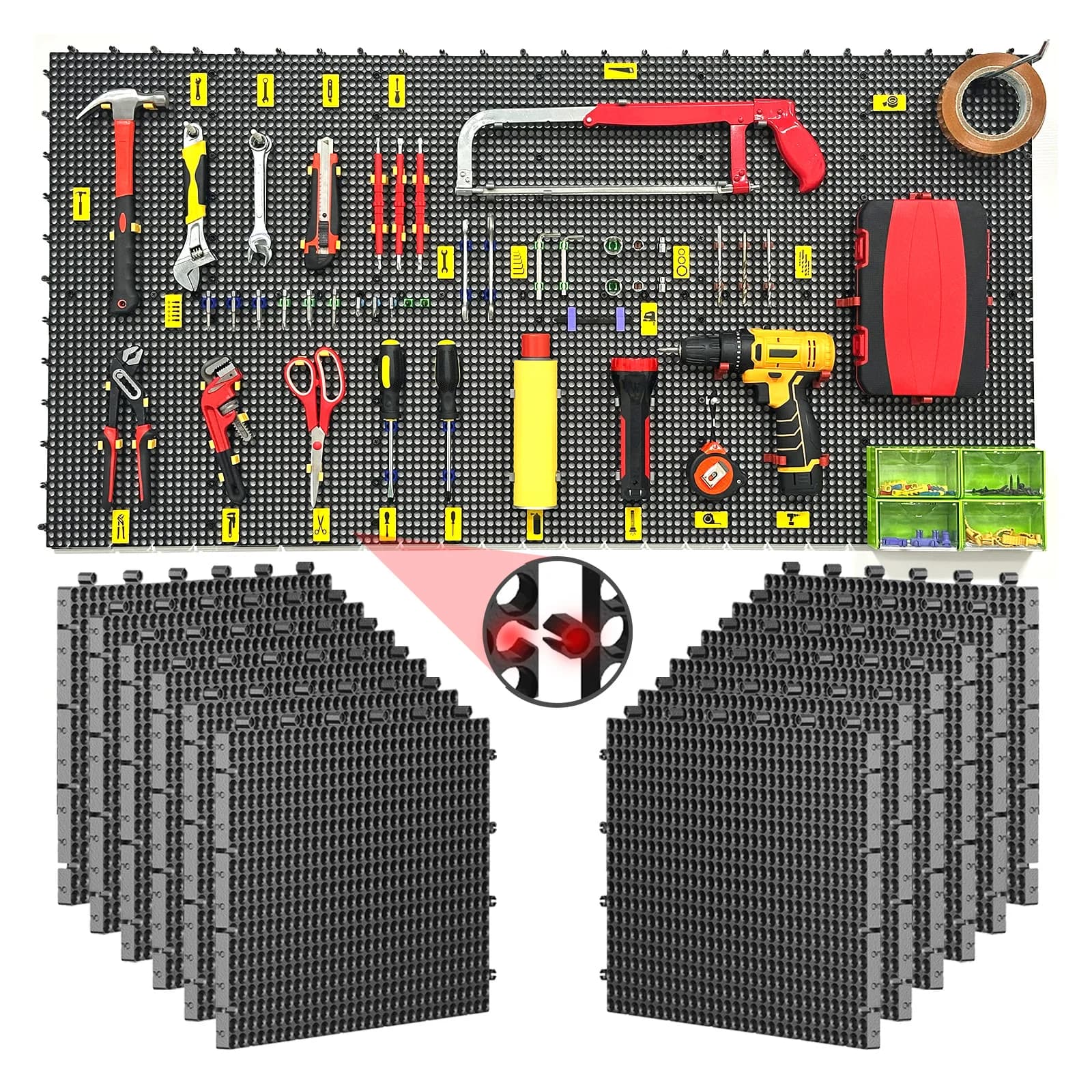 Plastic Pegboard Wall Organizer Kit, 12 Black Panels 122 X 61 cm, 428 Accessories with Hooks, Clips, Bins & Holders, Modular Too